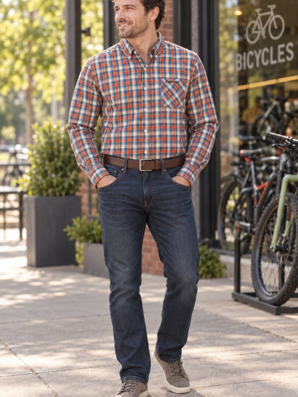 SCOTT Sports Men's Large Orange Blue Plaid Button Down Cycling Shirt qe